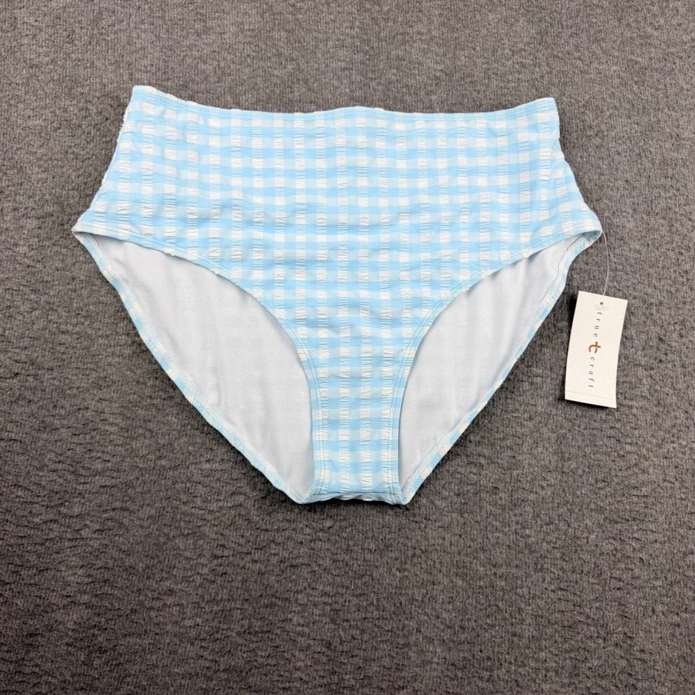 True Craft Gingham Women's XL High‎ Waist Bikini Bottoms Light Blue TCGHP243